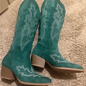 Othr Teal Embroidered Heeled Boots